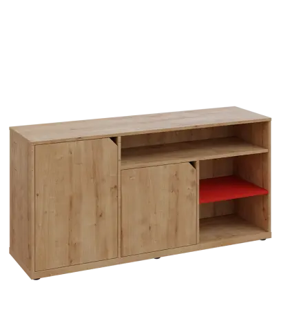 KU2-15DN3 L skříňka nízká 2-dveřová, nika, 740x1522x400, provedení levé, korpus a dvířka dub lite/police červená